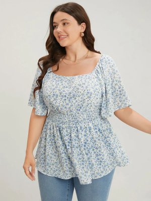 Ditsy Floral Ruffle Sleeve Shirred Square Neck Blouse