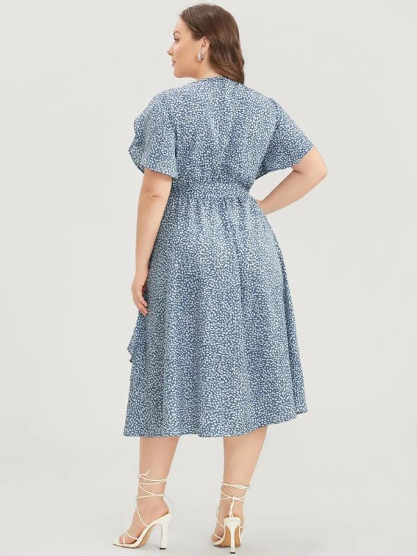 Polka Dot Split Sleeve Ruffle Pocket Belted Asymmetrical Hem Dress
