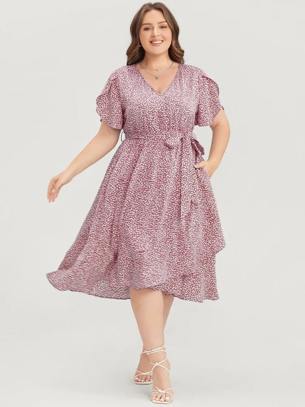 Polka Dot Split Sleeve Ruffle Pocket Belted Asymmetrical Hem Dress