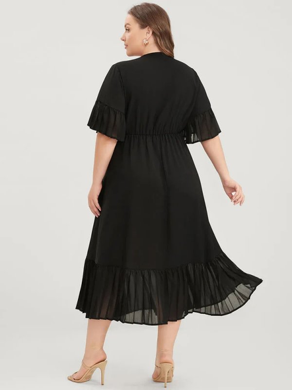 Solid V Neck Ruffles Pocket Mesh Pleated Hem Dress