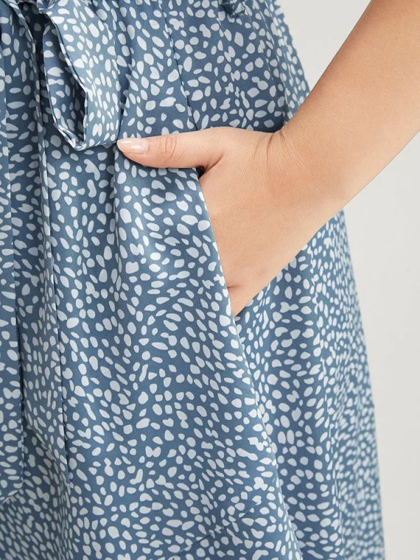 Polka Dot Split Sleeve Ruffle Pocket Belted Asymmetrical Hem Dress