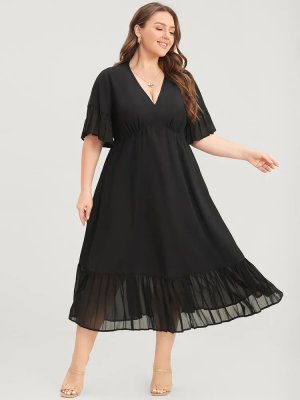 Solid V Neck Ruffles Pocket Mesh Pleated Hem Dress