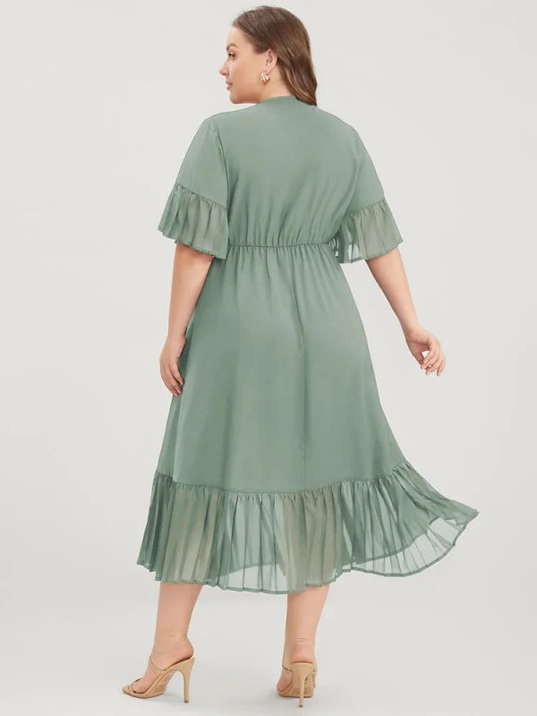 Solid V Neck Ruffles Pocket Mesh Pleated Hem Dress