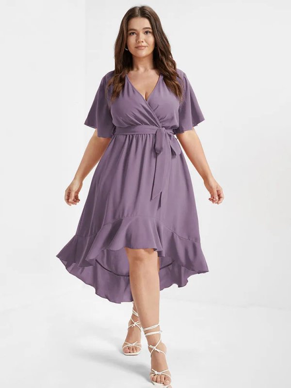 Bloom Dress - Solid Tie Surplice Ruffle High Low Dress