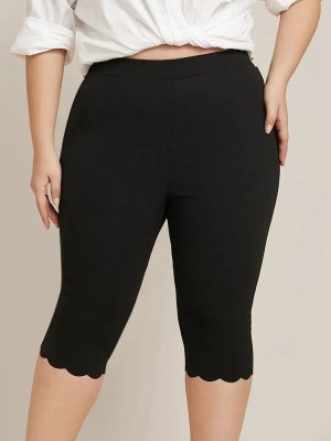 Solid Scalloped Trim Elastic Waist Skinny Leggings