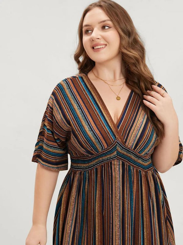 Striped Contrast Dolman Sleeve Shirred Pocket Split Flutter Dress