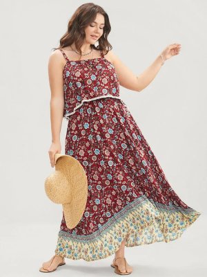 Bandana Print Spaghetti Strap Pocket Ruffles Asymmetrical Hem Maxi Dress