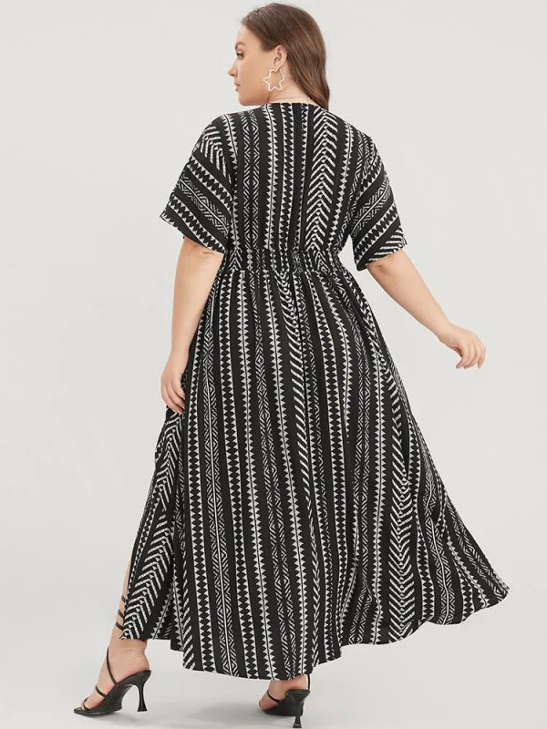Solid Geometric Dolman Sleeve Pocket Shirred Split Hem Dress