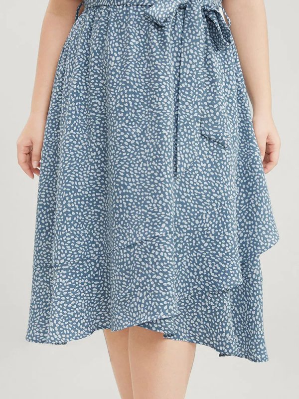 Polka Dot Split Sleeve Ruffle Pocket Belted Asymmetrical Hem Dress