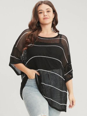 Striped Contrast Cut Out Round Neck Knit Top