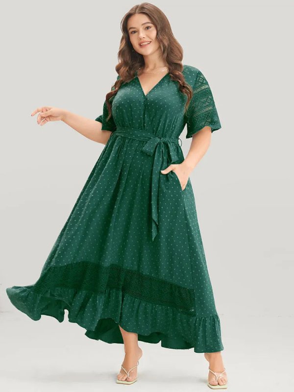 Solid Wrap Pocket Belted Contrast Lace Ruffle Trim Maxi Dress
