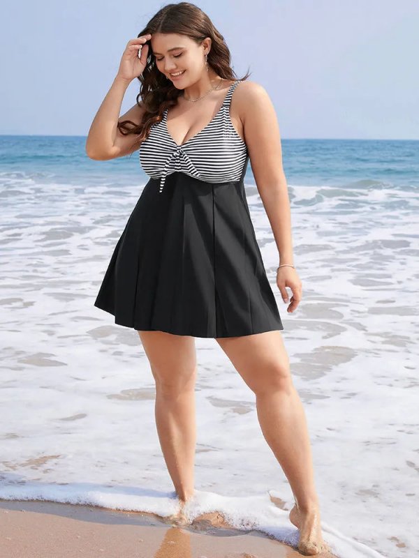 Striped Patchwork Knot Front Ruffles Swim Dress