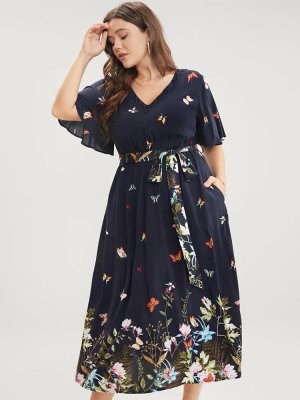 Floral & Butterfly Print Contrast Lace Pocket Belted Ruffles Dress