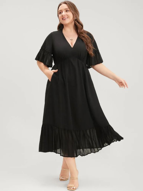 Solid V Neck Ruffles Pocket Mesh Pleated Hem Dress