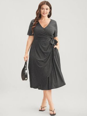 Solid Knot Side Pocket Surplice Neck Flutter Dress