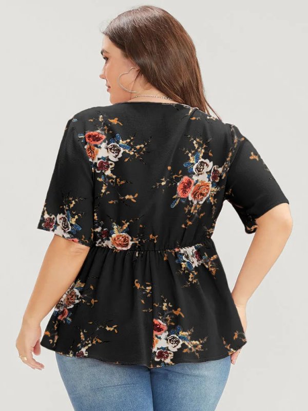 Floral Print Wrap Ruffles Asymmetrical Hem Blouse