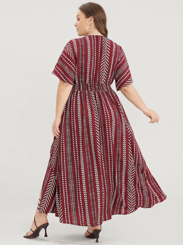 Solid Geometric Dolman Sleeve Pocket Shirred Split Hem Dress