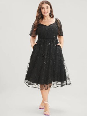 Moon And Star Sequin Detail Pocket Mesh Midi Dress