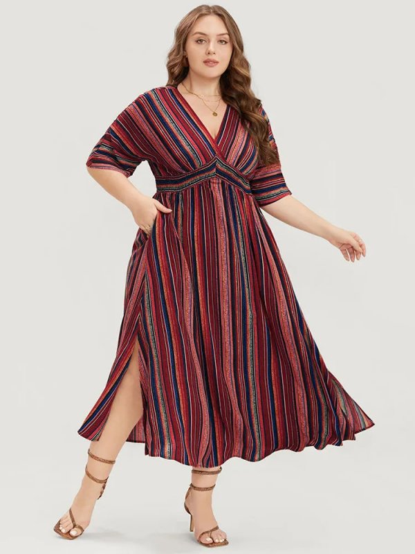 Striped Contrast Dolman Sleeve Shirred Pocket Split Flutter Dress