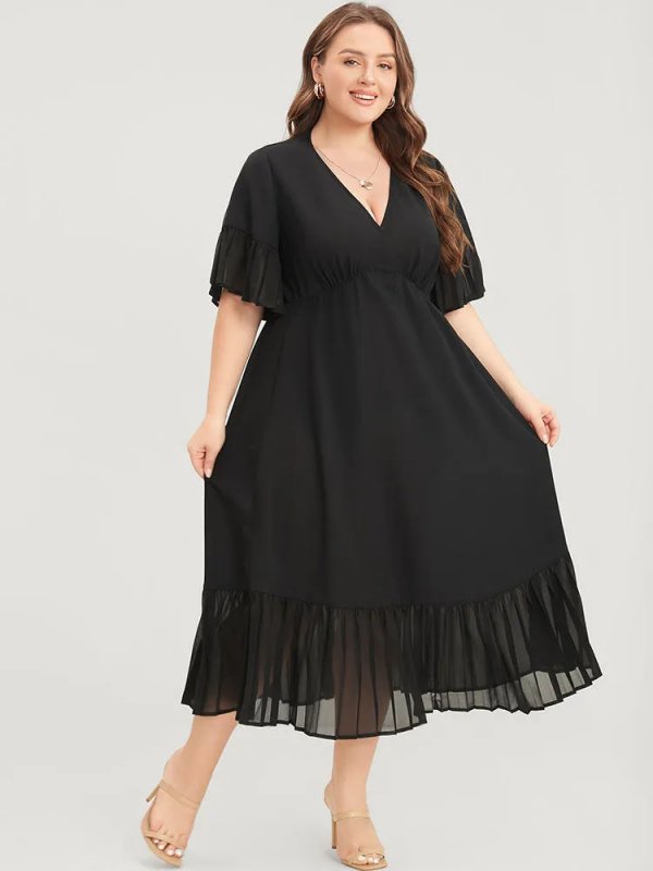 Solid V Neck Ruffles Pocket Mesh Pleated Hem Dress