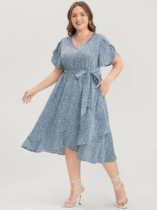 Polka Dot Split Sleeve Ruffle Pocket Belted Asymmetrical Hem Dress