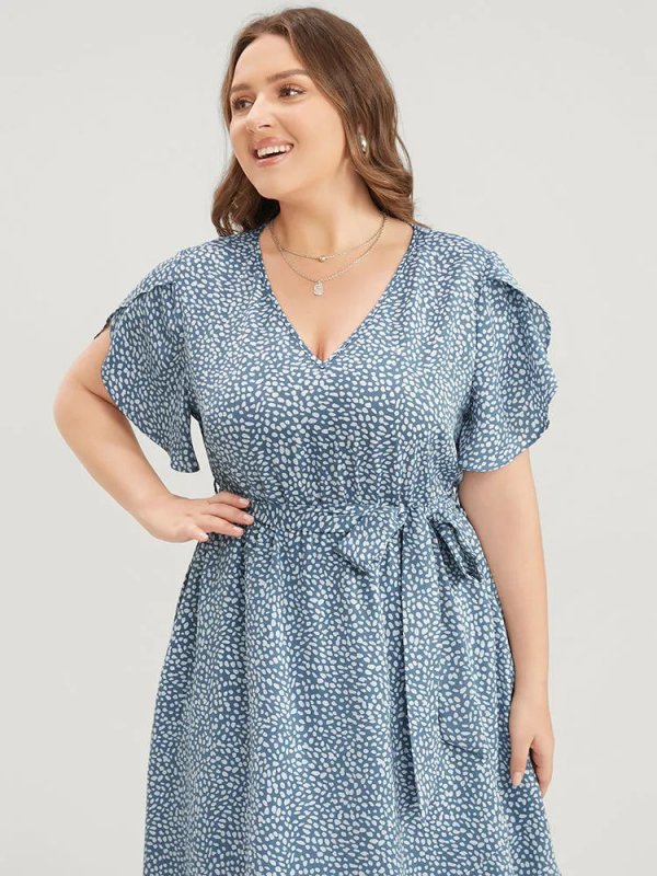 Polka Dot Split Sleeve Ruffle Pocket Belted Asymmetrical Hem Dress