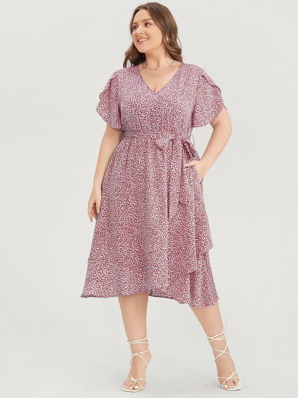 Polka Dot Split Sleeve Ruffle Pocket Belted Asymmetrical Hem Dress