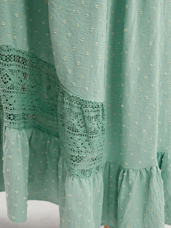 Solid Wrap Pocket Belted Contrast Lace Ruffle Trim Maxi Dress