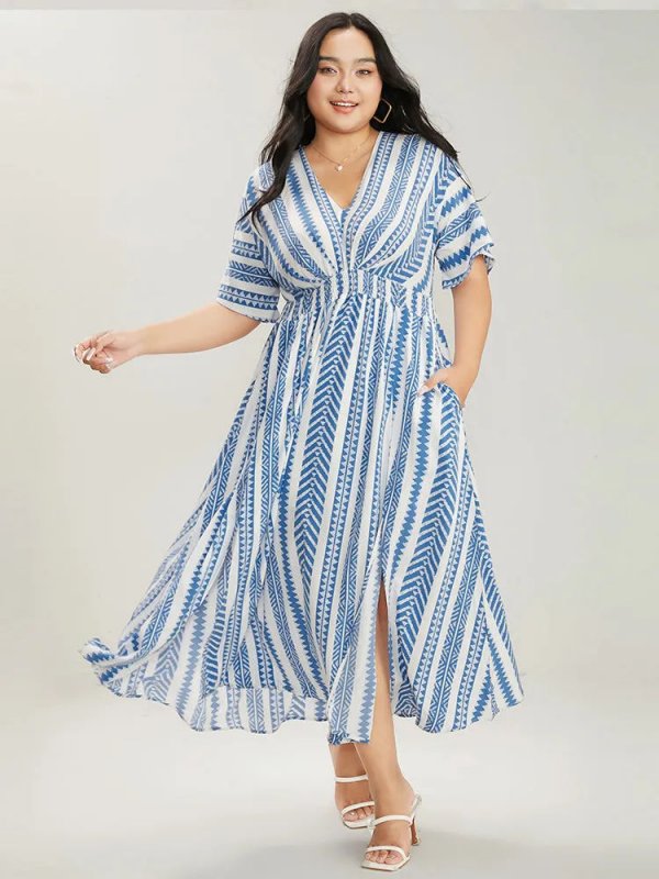 Solid Geometric Dolman Sleeve Pocket Shirred Split Hem Dress