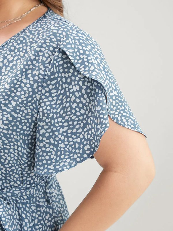 Polka Dot Split Sleeve Ruffle Pocket Belted Asymmetrical Hem Dress