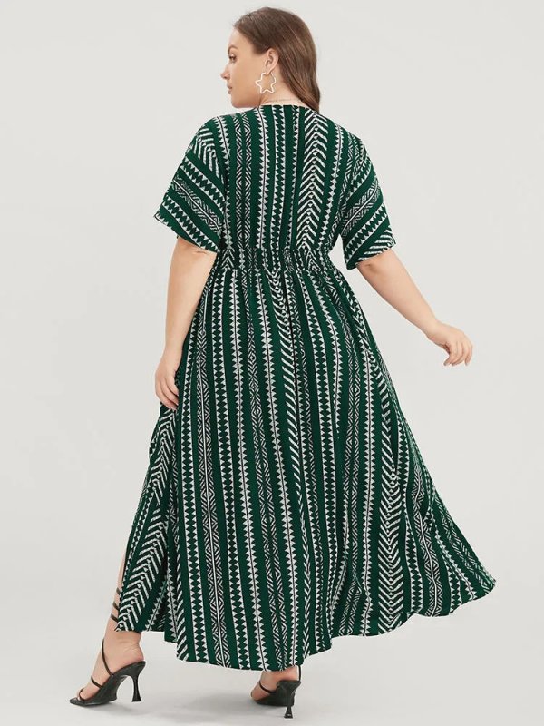 Solid Geometric Dolman Sleeve Pocket Shirred Split Hem Dress
