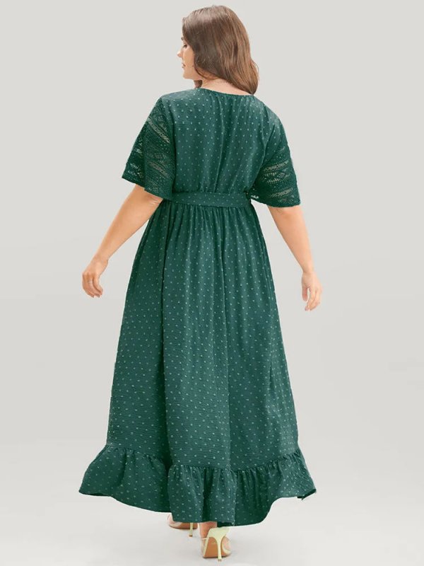 Solid Wrap Pocket Belted Contrast Lace Ruffle Trim Maxi Dress