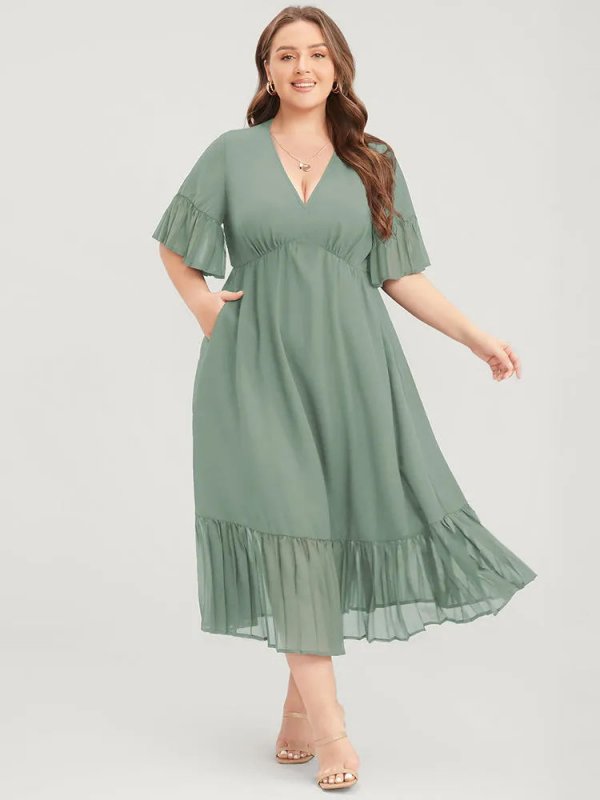 Solid V Neck Ruffles Pocket Mesh Pleated Hem Dress