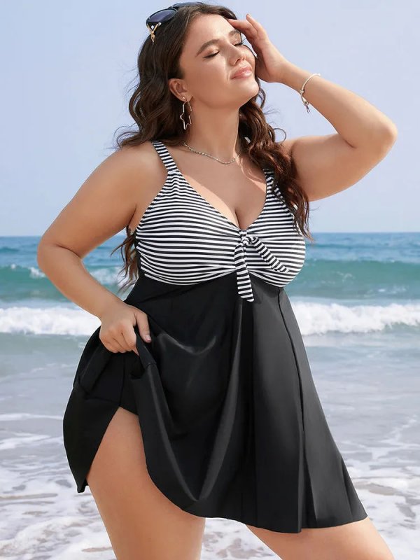 Striped Patchwork Knot Front Ruffles Swim Dress