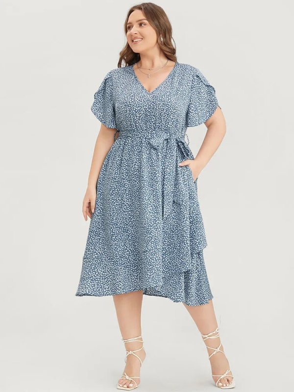 Polka Dot Split Sleeve Ruffle Pocket Belted Asymmetrical Hem Dress