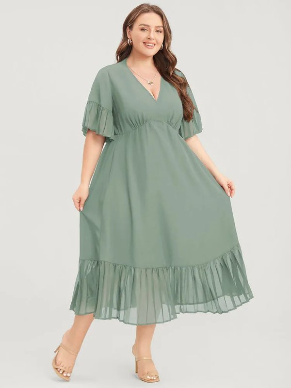 Solid V Neck Ruffles Pocket Mesh Pleated Hem Dress
