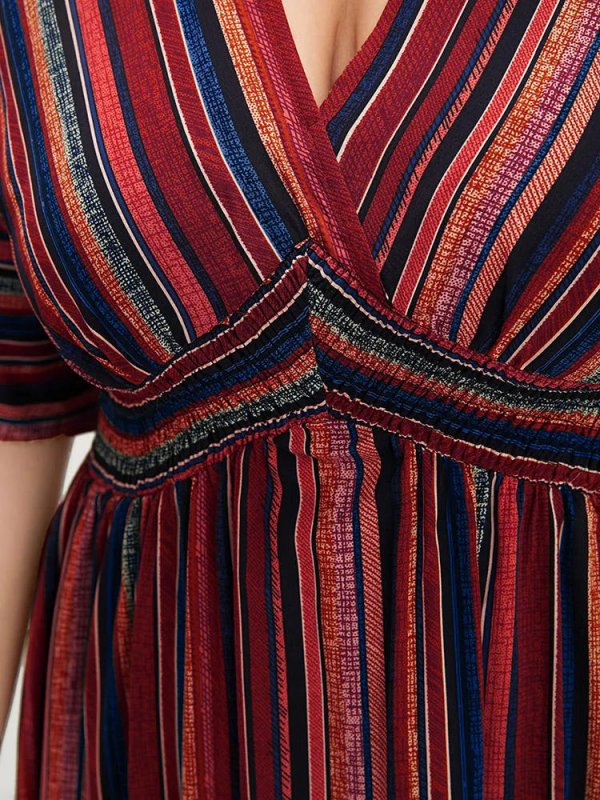 Striped Contrast Dolman Sleeve Shirred Pocket Split Flutter Dress