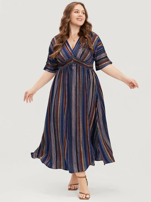 Striped Contrast Dolman Sleeve Shirred Pocket Split Flutter Dress