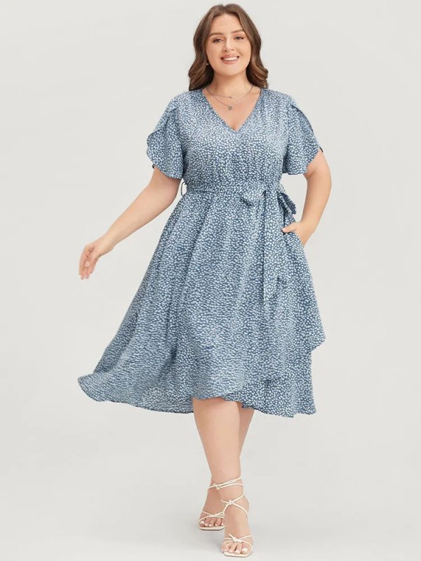 Polka Dot Split Sleeve Ruffle Pocket Belted Asymmetrical Hem Dress