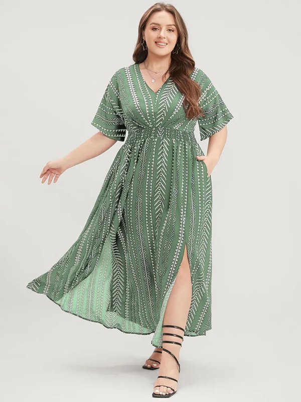 Solid Geometric Dolman Sleeve Pocket Shirred Split Hem Dress