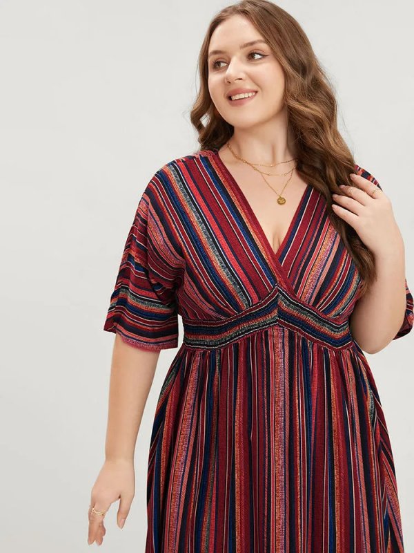 Striped Contrast Dolman Sleeve Shirred Pocket Split Flutter Dress