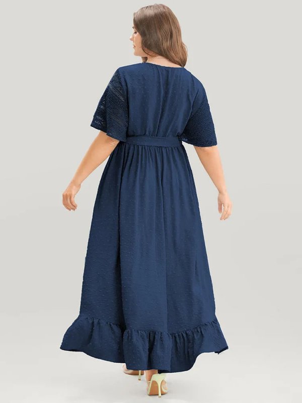 Solid Wrap Pocket Belted Contrast Lace Ruffle Trim Maxi Dress