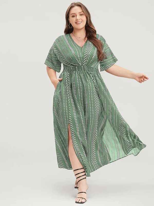 Solid Geometric Dolman Sleeve Pocket Shirred Split Hem Dress