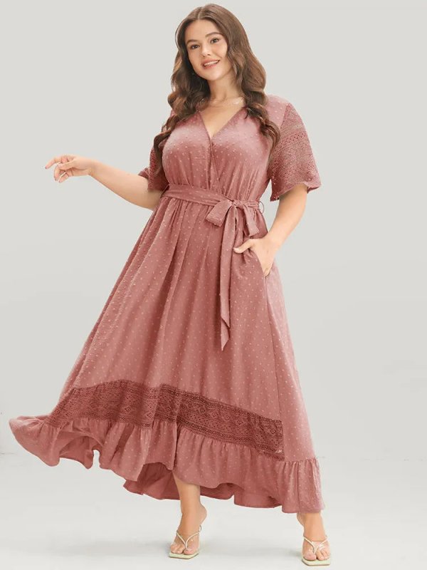 Solid Wrap Pocket Belted Contrast Lace Ruffle Trim Maxi Dress