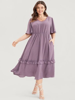 Polka Dot V Neck Pocket Ruffle Midi Dress