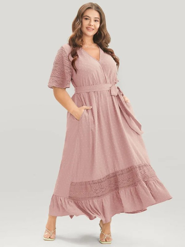 Solid Wrap Pocket Belted Contrast Lace Ruffle Trim Maxi Dress