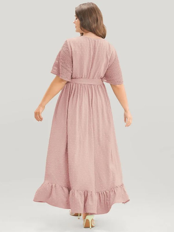 Solid Wrap Pocket Belted Contrast Lace Ruffle Trim Maxi Dress