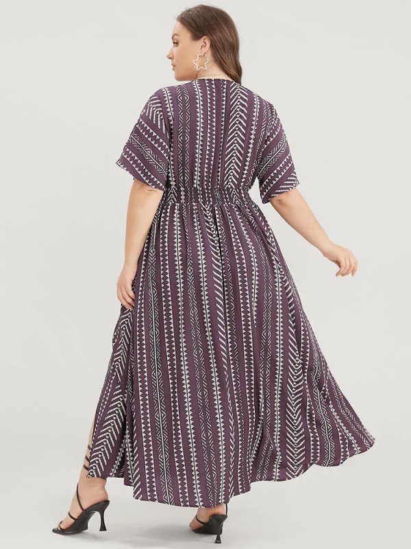 Solid Geometric Dolman Sleeve Pocket Shirred Split Hem Dress