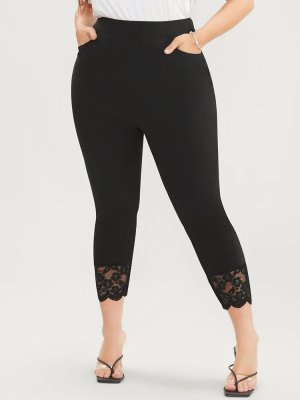 Solid Scalloped Trim Elastic Waist Pocket Lace Hem Pants