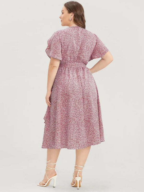 Polka Dot Split Sleeve Ruffle Pocket Belted Asymmetrical Hem Dress